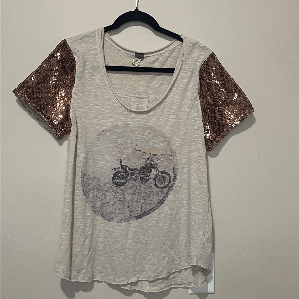 We The Free Motorcycle Graphic Tee Rose Gold Sequin Short Sleeve Small Oversized